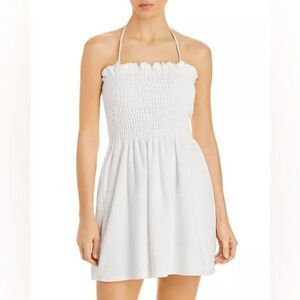 NWOT - AQUA Swim White Smocked Strapless Terrycloth Mini Dress Swim Coverup